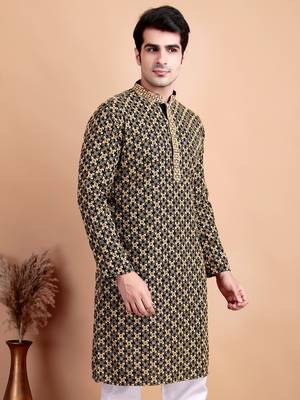 Elegant black kurta with yellow thread embroidered geometric pattern & embellished neckline 3