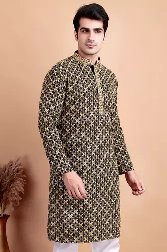 Elegant black kurta with yellow thread embroidered geometric pattern & embellished neckline