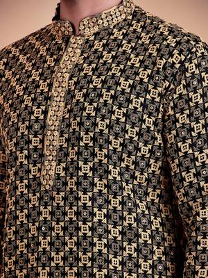 Elegant black kurta with yellow thread embroidered geometric pattern & embellished neckline 4