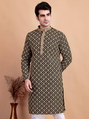 Elegant black kurta with yellow thread embroidered geometric pattern & embellished neckline 5