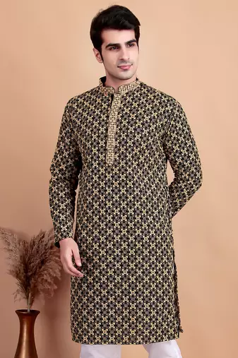 Elegant black kurta with yellow thread embroidered geometric pattern & embellished neckline