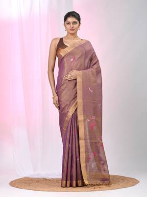 Purple tissue saree with ethnic motifs and golden border 1