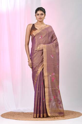 Purple tissue saree with ethnic motifs and golden border