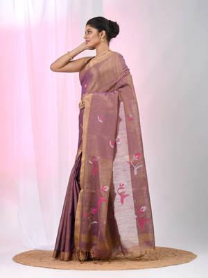 Purple tissue saree with ethnic motifs and golden border 2