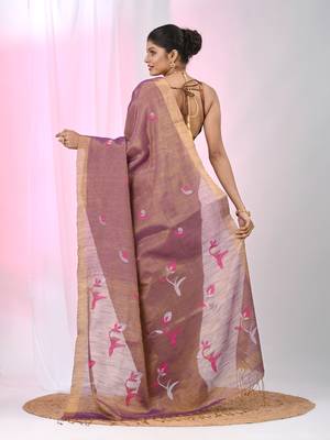 Purple tissue saree with ethnic motifs and golden border 3