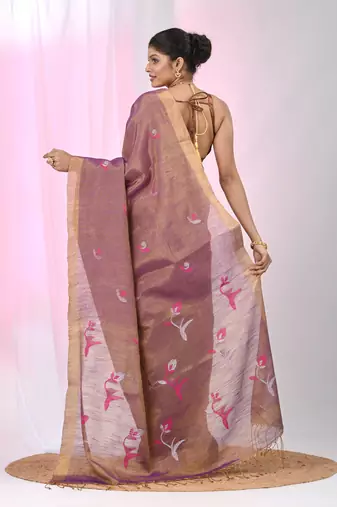 Purple tissue saree with ethnic motifs and golden border