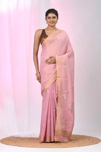 Baby pink tissue saree with ethnic motifs and golden border