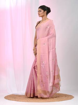 Baby pink tissue saree with ethnic motifs and golden border 2