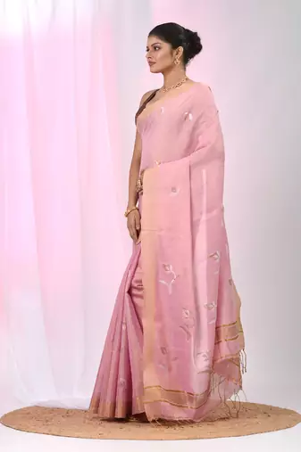 Baby pink tissue saree with ethnic motifs and golden border