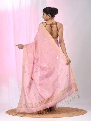 Baby pink tissue saree with ethnic motifs and golden border 3