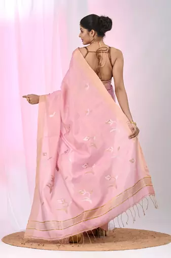 Baby pink tissue saree with ethnic motifs and golden border