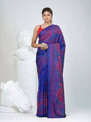 Vibrant blue bangalore silk kantha stitch saree with red ethnic motif 1
