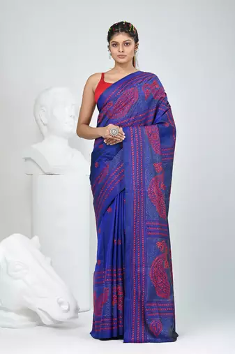 Vibrant blue bangalore silk kantha stitch saree with red ethnic motif