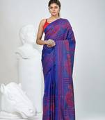 Vibrant blue bangalore silk kantha stitch saree with red ethnic motif