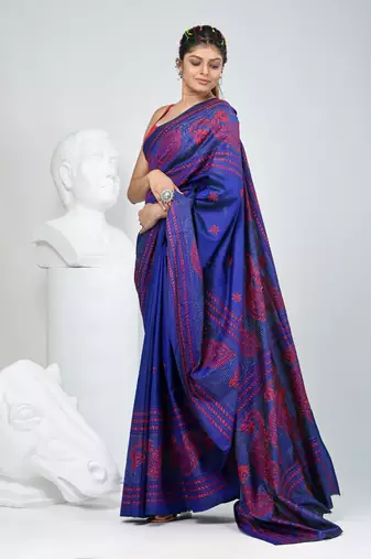 Vibrant blue bangalore silk kantha stitch saree with red ethnic motif