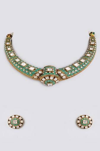 Gold plated green stone choker necklace set
