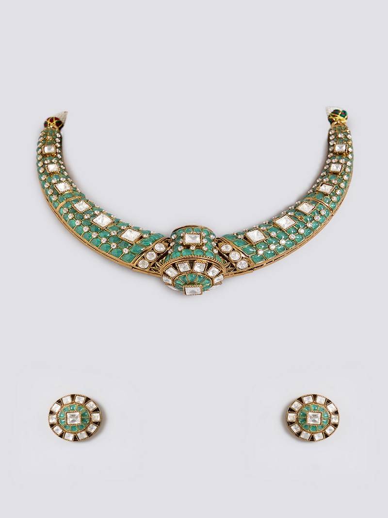 Gold plated green stone choker necklace set