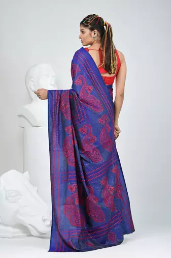 Vibrant blue bangalore silk kantha stitch saree with red ethnic motif