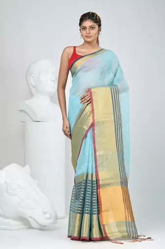 Elegant sky blue and gold linen saree with striped borders