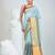 Elegant sky blue and gold linen saree with striped borders
