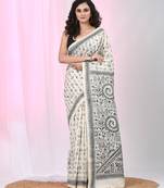 Off white tussar silk madhubani kantha saree with black thread work