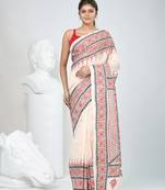 Elegant beige tussar silk kantha stitch saree with red and black geometric motifs