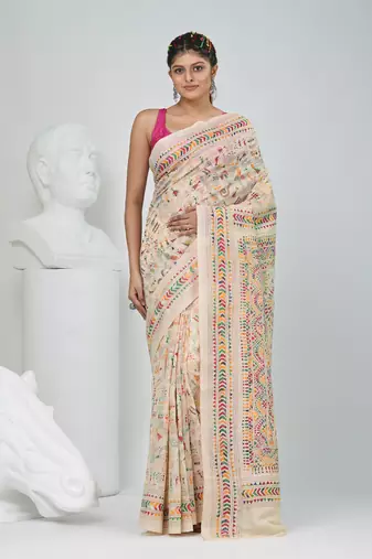Beige tussar silk madhubani kantha saree with vibrant thread work