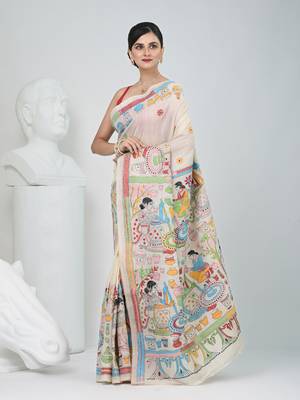 Handcrafted off white tussar silk kantha saree with traditional thread work 2