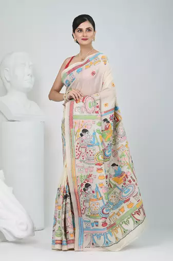 Handcrafted off white tussar silk kantha saree with traditional thread work