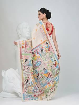 Handcrafted off white tussar silk kantha saree with traditional thread work 3