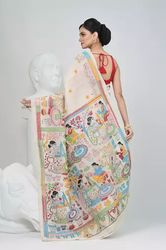 Handcrafted off white tussar silk kantha saree with traditional thread work