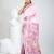 White and pink silk blend batik print kantha work saree with floral motifs