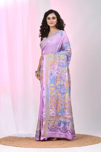 Elegant lavender silk blend reverse kantha work saree with floral design