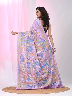 Elegant lavender silk blend reverse kantha work saree with floral design 3