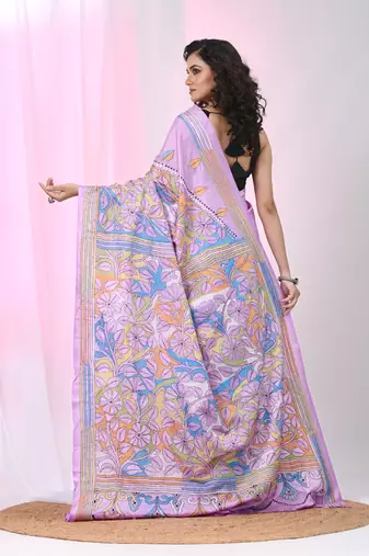 Elegant lavender silk blend reverse kantha work saree with floral design
