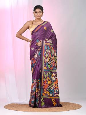 Purple silk blend kantha stitch saree with multicolor thread work 1