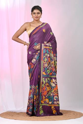 Purple silk blend kantha stitch saree with multicolor thread work