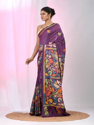 Purple silk blend kantha stitch saree with multicolor thread work 2