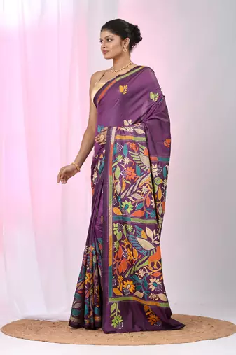 Purple silk blend kantha stitch saree with multicolor thread work