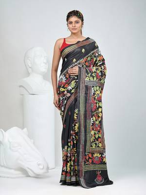 Black silk blend kantha work saree with durga motif and floral thread work 1