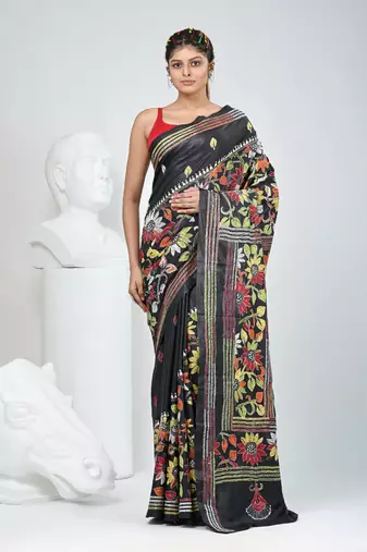 Black silk blend kantha work saree with durga motif and floral thread work