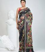 Black silk blend kantha work saree with durga motif and floral thread work