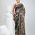Black silk blend kantha work saree with durga motif and floral thread work