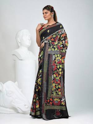 Black silk blend kantha work saree with durga motif and floral thread work 2
