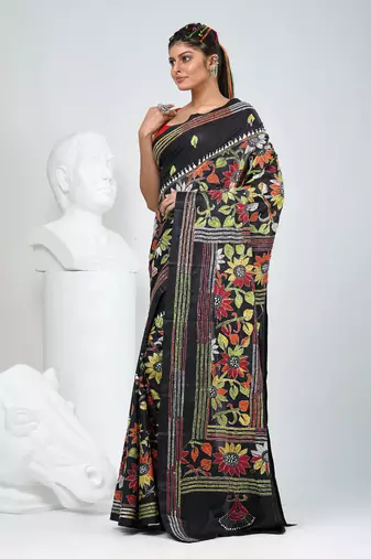 Black silk blend kantha work saree with durga motif and floral thread work