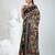 Black silk blend kantha work saree with durga motif and floral thread work