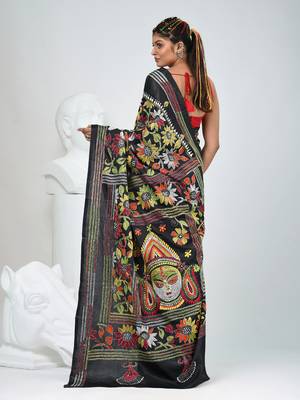 Black silk blend kantha work saree with durga motif and floral thread work 3