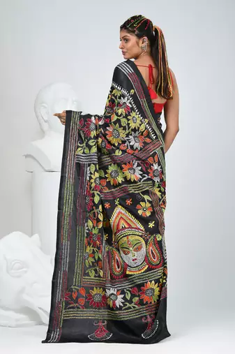 Black silk blend kantha work saree with durga motif and floral thread work