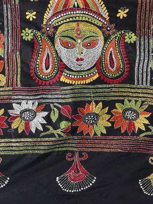 Black silk blend kantha work saree with durga motif and floral thread work 4