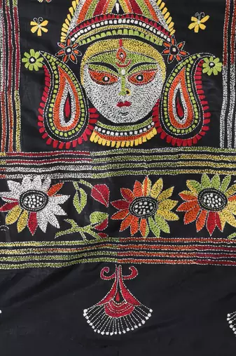Black silk blend kantha work saree with durga motif and floral thread work